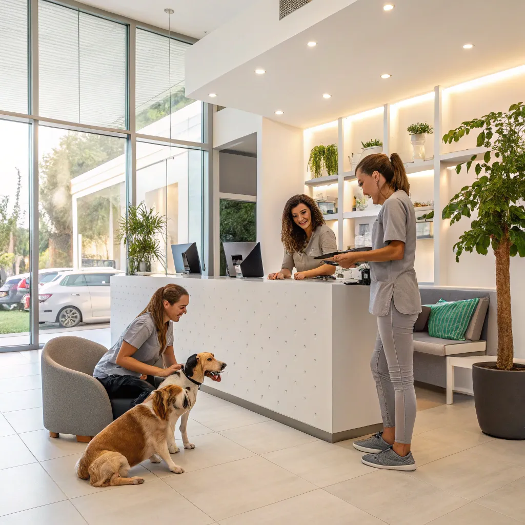 Modern pet hotel reception area with friendly staff